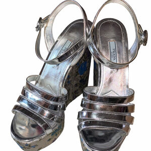 Prada Metallic Silver Jacquard Wedge Sandals | EUC | Sz 38 / 8US